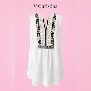 V Christina Ivory Sleeveless Swiss Dot Tunic with Black & Tan Embroidery